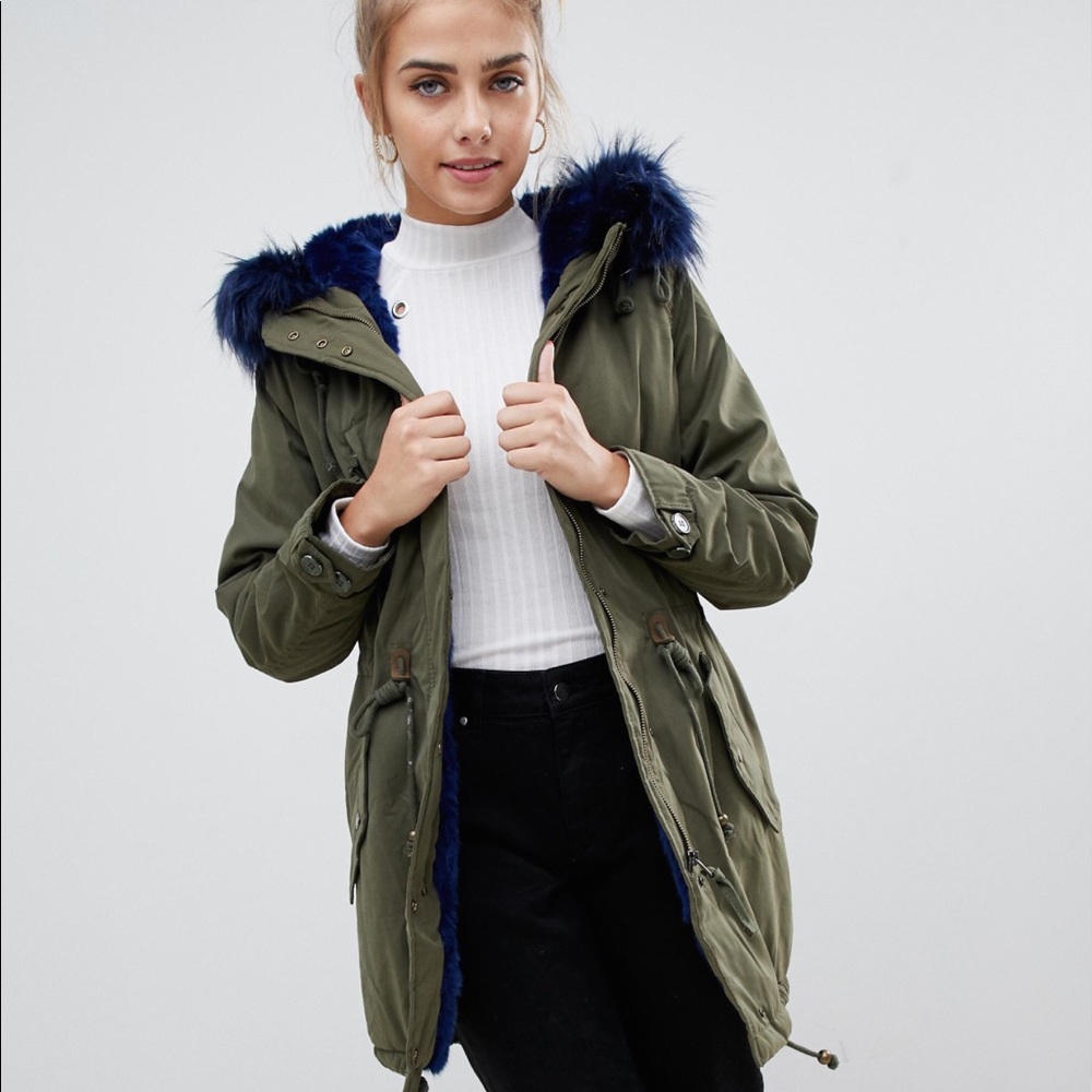 Bershka Parka with faux fur hood& trim